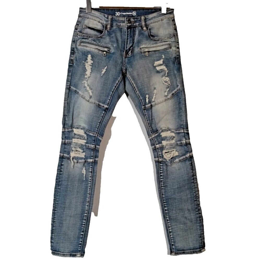 Crysp Denim Men's Zipper Moto Distressed Size 30 Skinny Fit Stretch Jeans 31x33